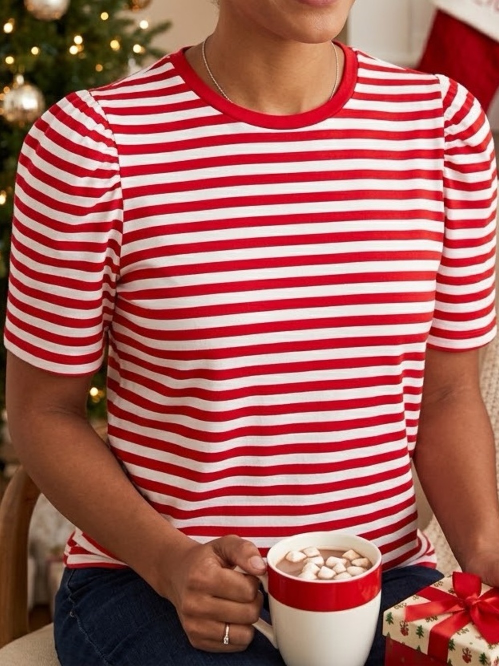 ASOS Red & White Striped Short Sleeve Puff Shoulder Tee Size 16